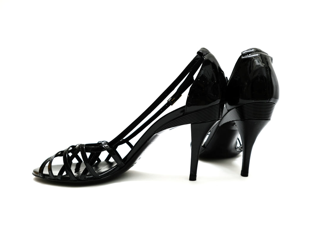 Black patent store leather strappy heels