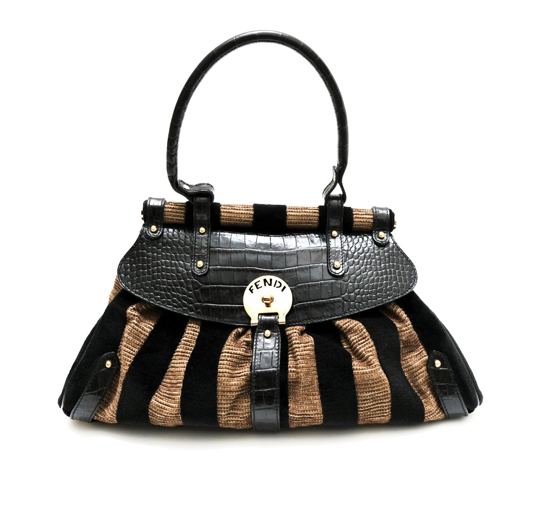 Fendi Magic Handbag in Striped Velvet and Black Leather, M