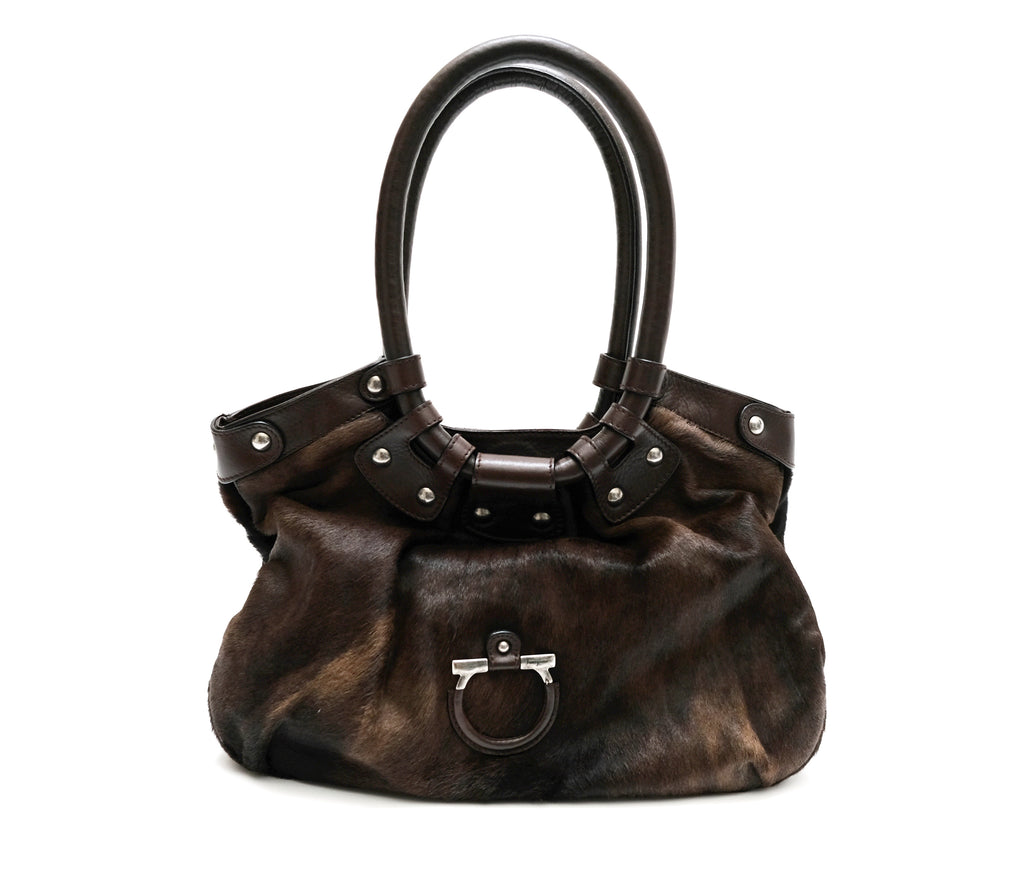 Salvatore Ferragamo Handbag in Brown Ponyskin, M – Menage Modern Vintage