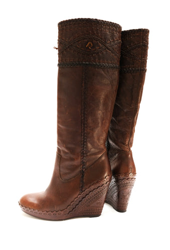 Ash Wedge Heel Knee Boots in Brown Tooled Leather, UK5