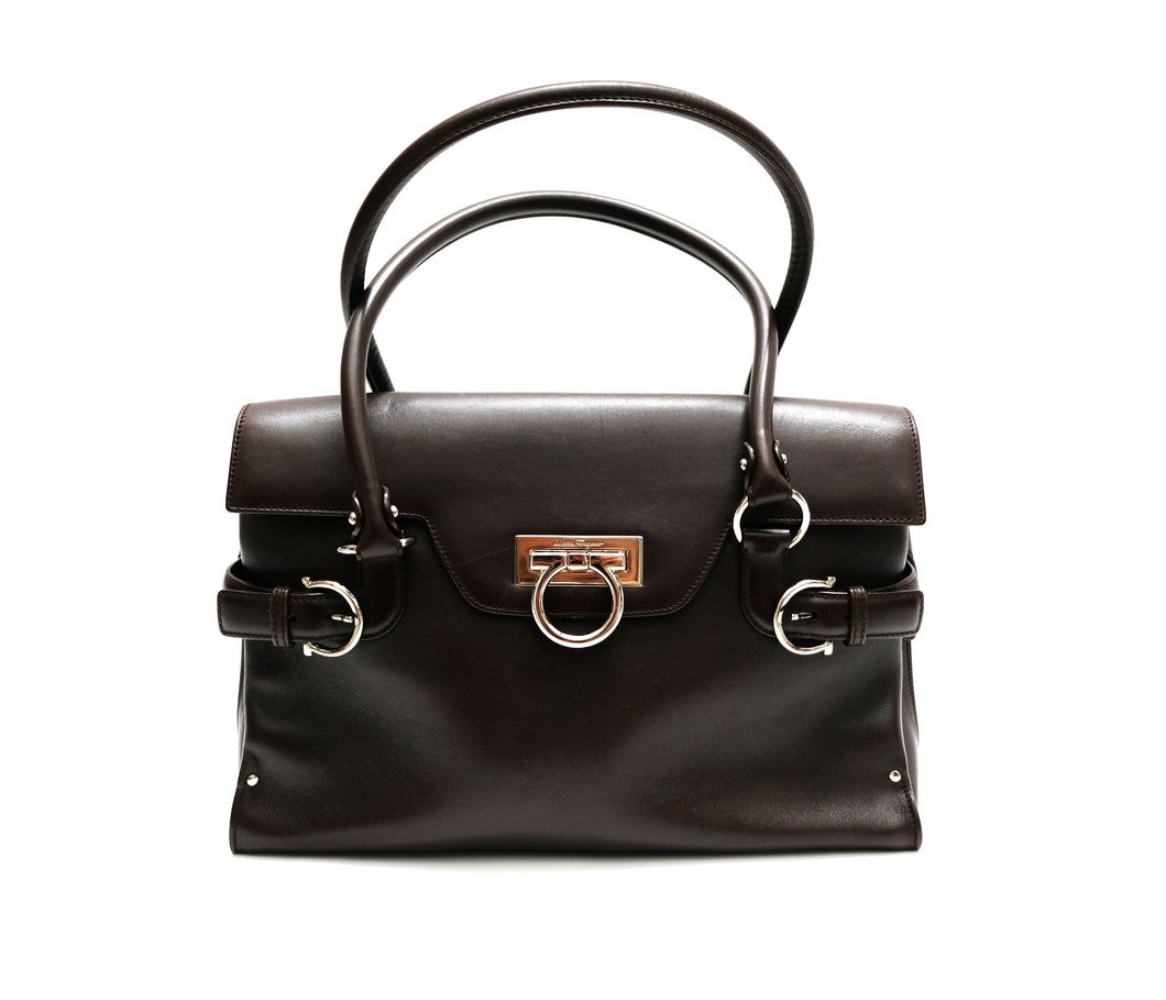Salvatore Ferragamo Gancio Clasp Handbag in Chocolate Leather, M