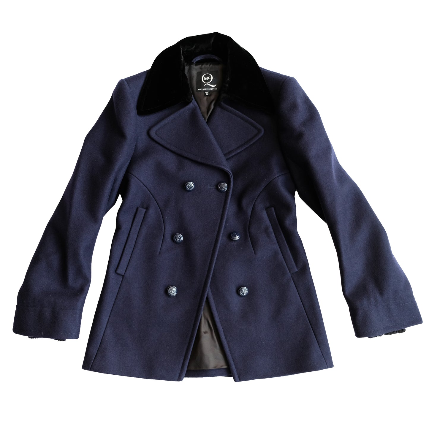 Alexander McQueen Smart Navy Pea Coat with Velvet Collar, UK8-10