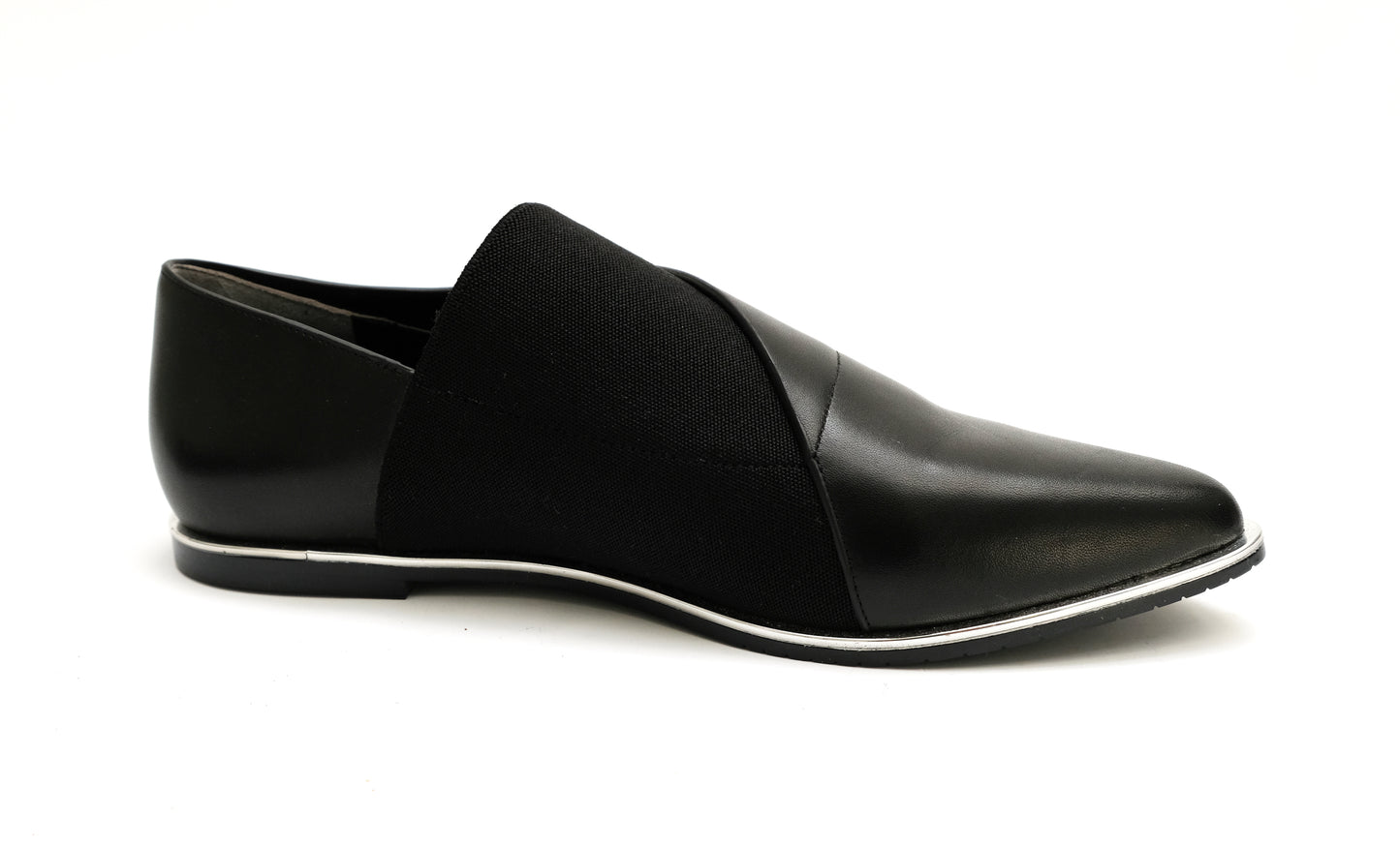 Issey Miyake Pointed Toe Flat Loafers in Black Leather with Silver Detail, UK5