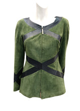 Salvatore Ferragamo Jacket in Green Suede with Black Leather Bands, UK10