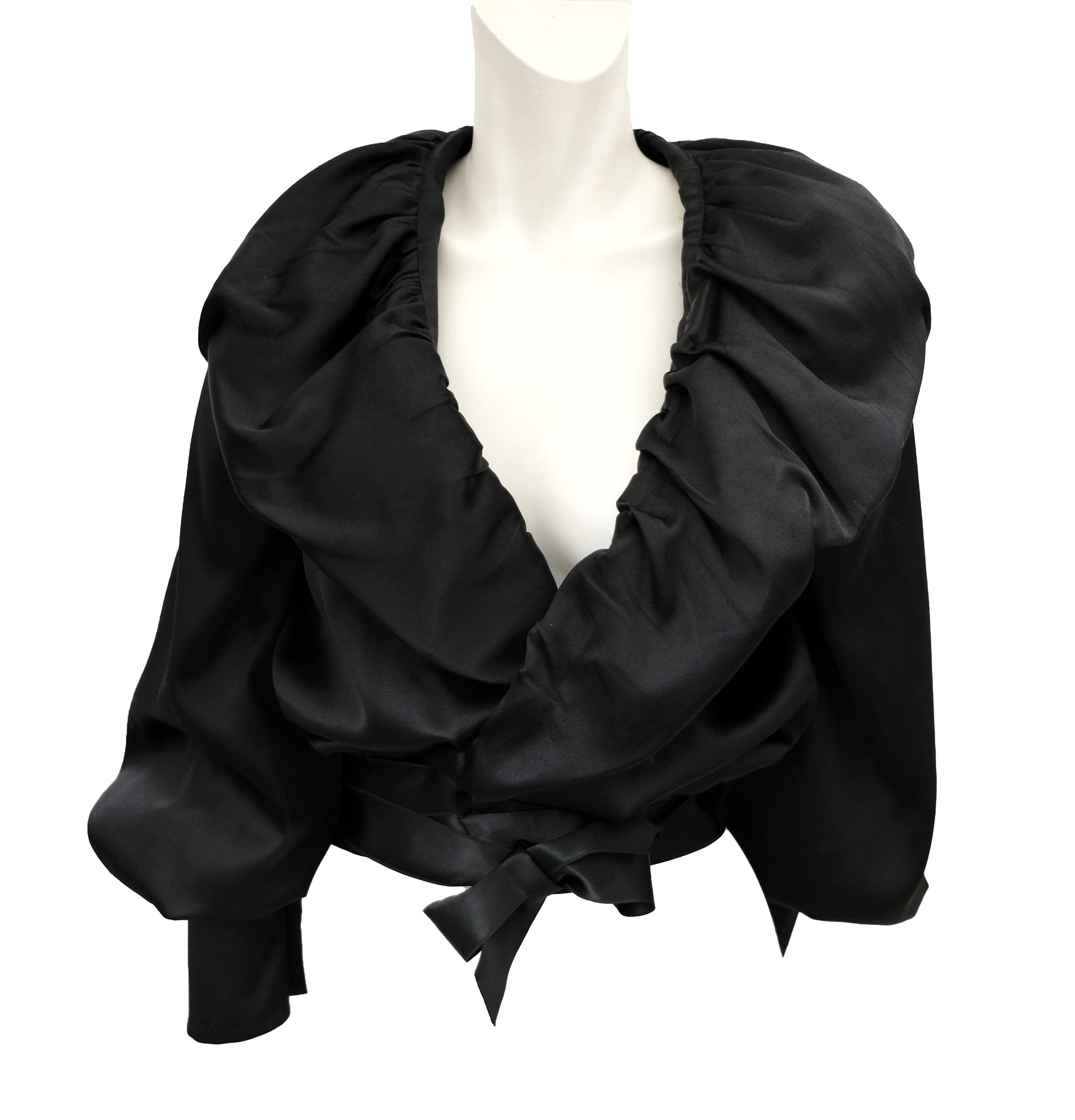 Soojin Kang Black Satin Evening Jacket with Ruffle Front, UK10-12