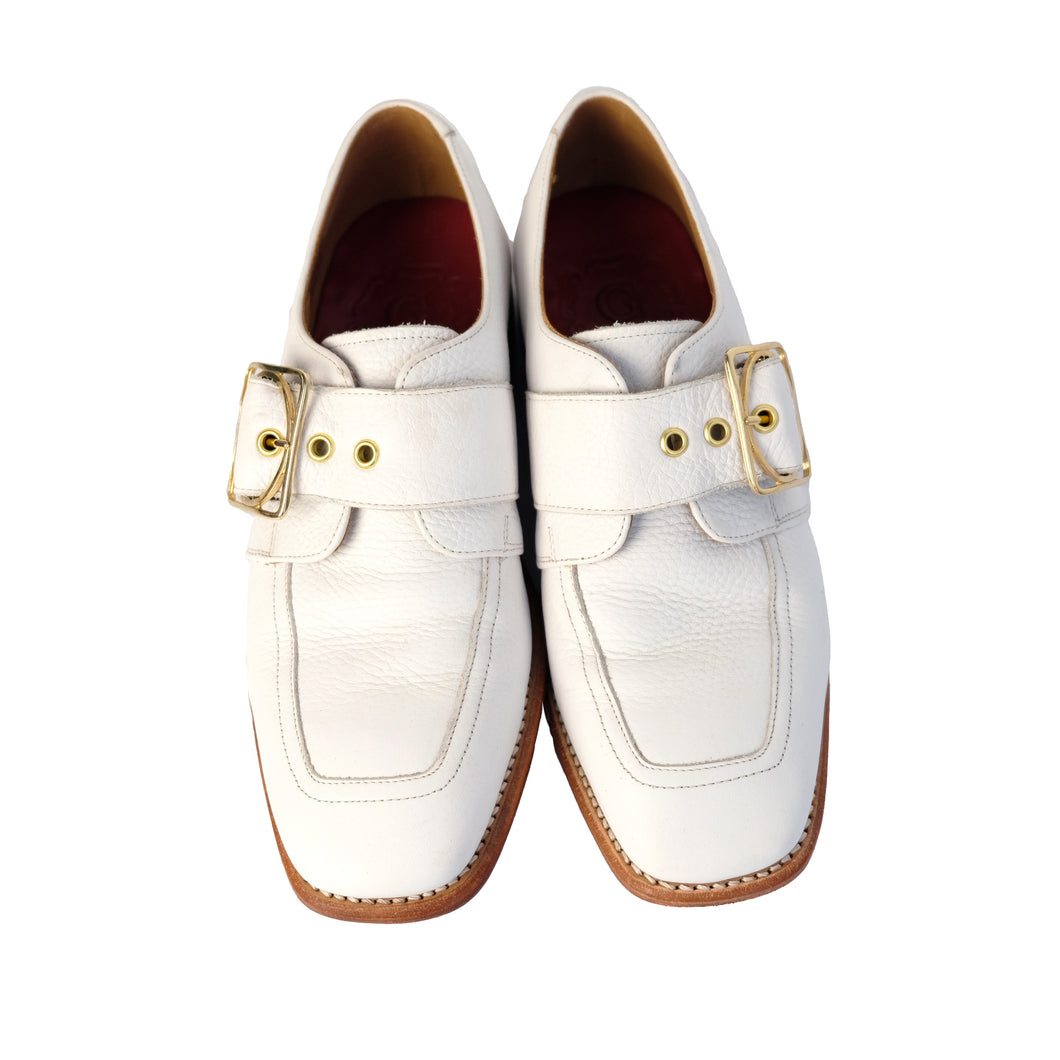 Grenson Buckle  Strap Flat Shoes in White Leather, UK6