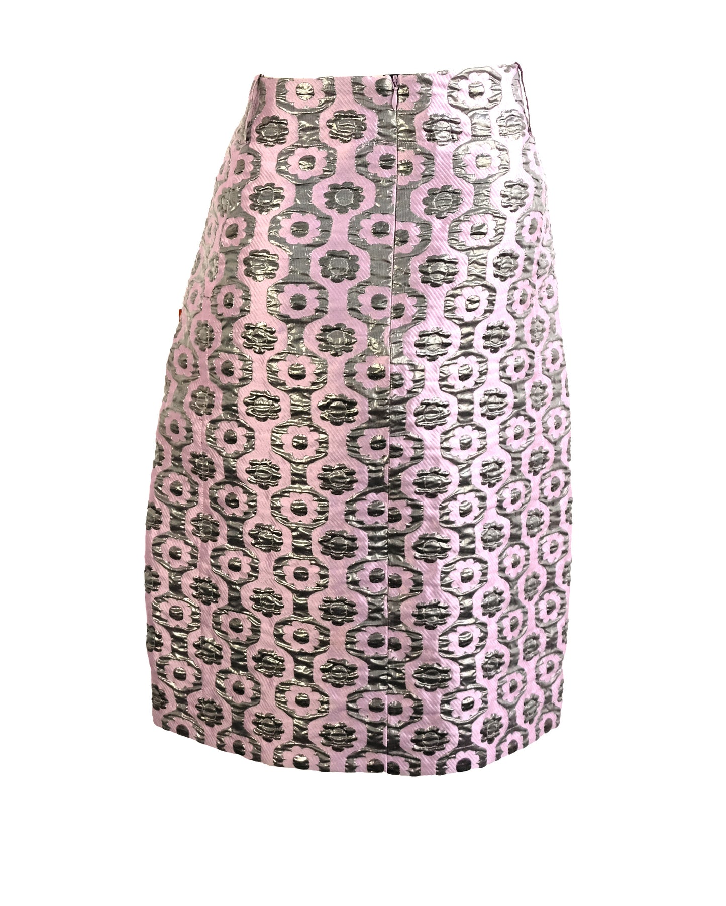 Marni Skirt in Pink and Silver Brocade with Orange Leather Trim, UK12