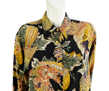 Salvatore Ferragamo Vintage Shirt in Black Silk with Bird Print, UK12