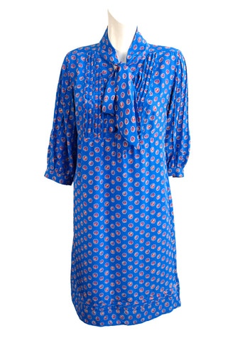 Celia Birtwell Shirt Dress in Blue Printed Silk with Pussy Bow Tie, UK14