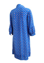 Celia Birtwell Shirt Dress in Blue Printed Silk with Pussy Bow Tie, UK14