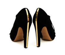 Chloe High Heel Fringed Shoes in Black Suede with Gold Trim, EU38.5