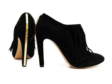 Chloe High Heel Fringed Shoes in Black Suede with Gold Trim, EU38.5