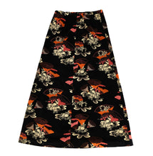 Vintage Black Velvet Maxi Skirt with Fan Print, UK10-12