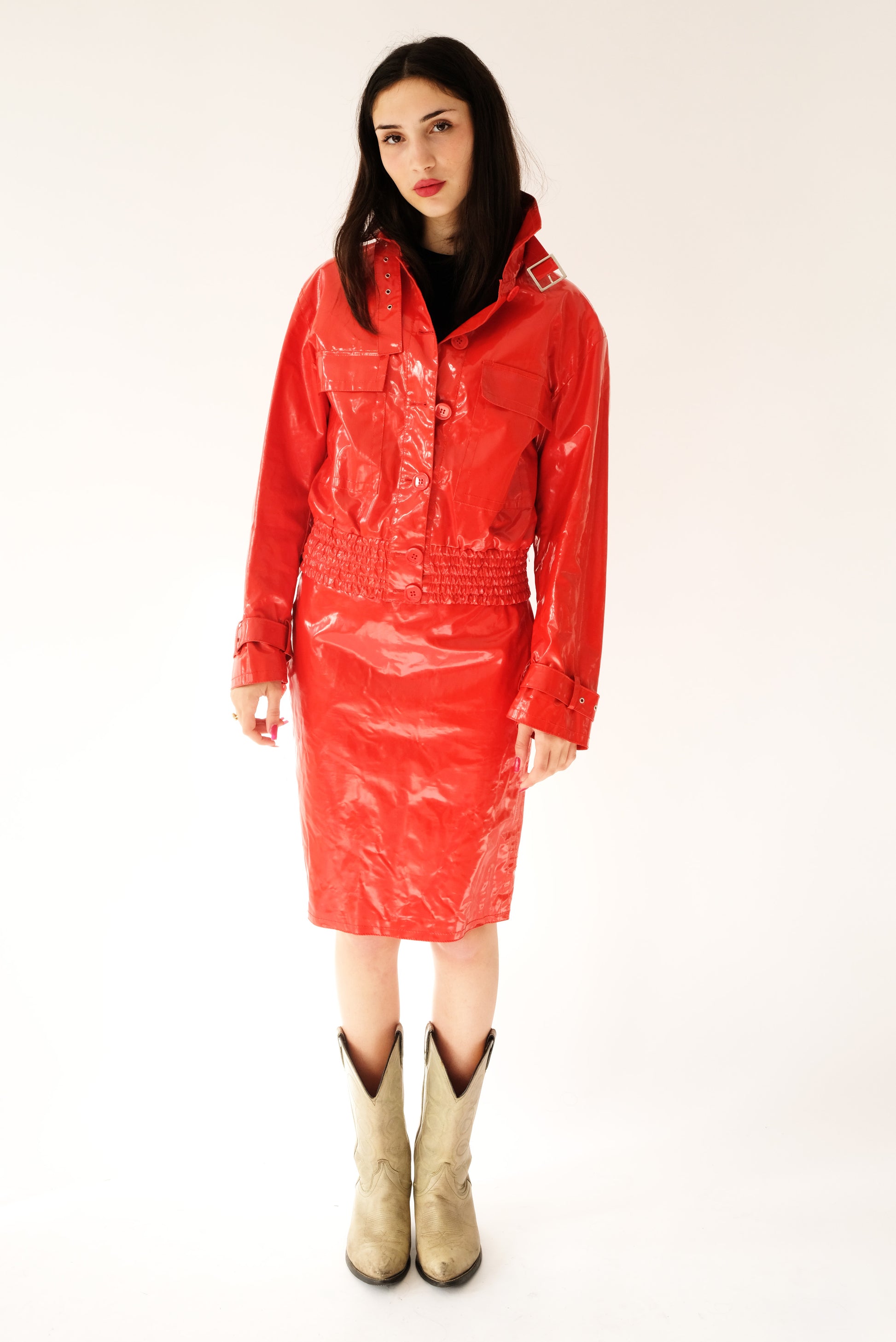 Max Mara Shiny Red Plastic 2 Piece Skirt Suit, UK12