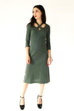 Sybilla Vintage Sage Green Princess Line Dress with Neck Detail, UK10