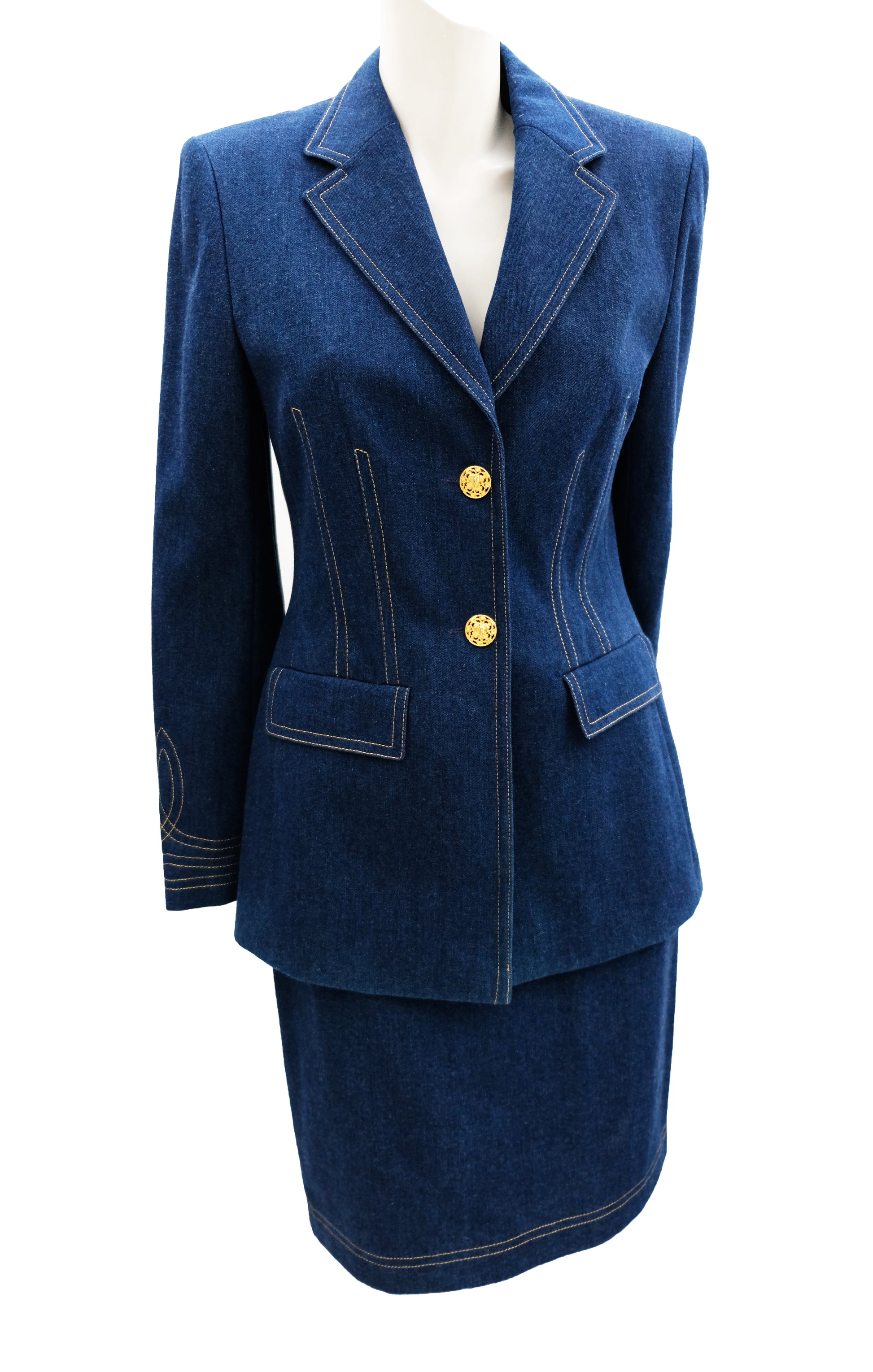 Escada Vintage Denim Skirt Suit, UK10-12