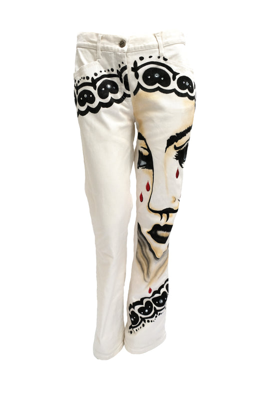 Iceberg Vintage White Hand Painted Weeping Madonna Jeans, UK10-12