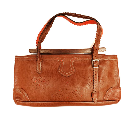 Jamin Puech Tooled Shoulder Bag in Tan Leather with Wooden Clasp
