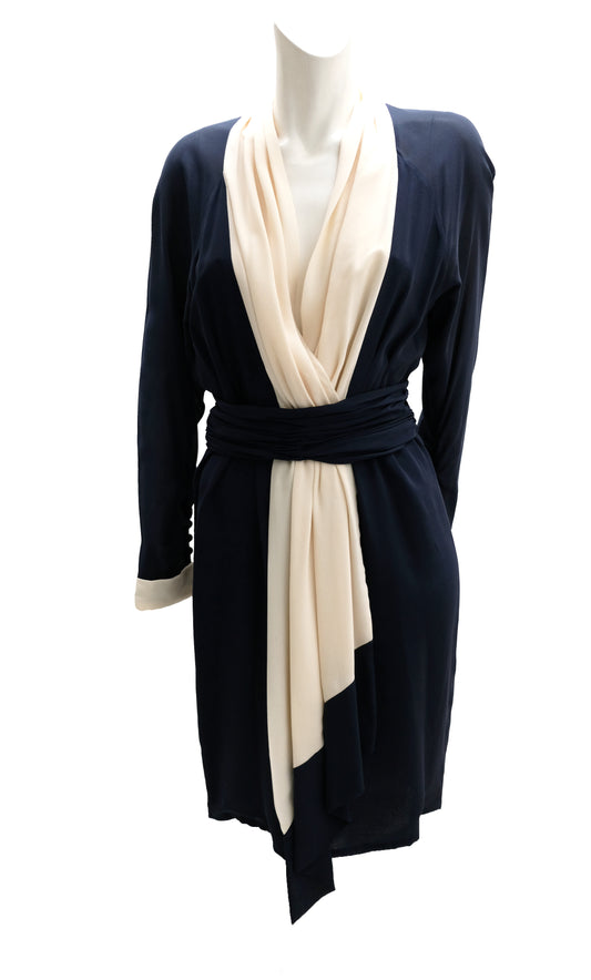 Karl Lagerfeld Vintage Navy and Cream Chiffon Decolleté Dress, UK10