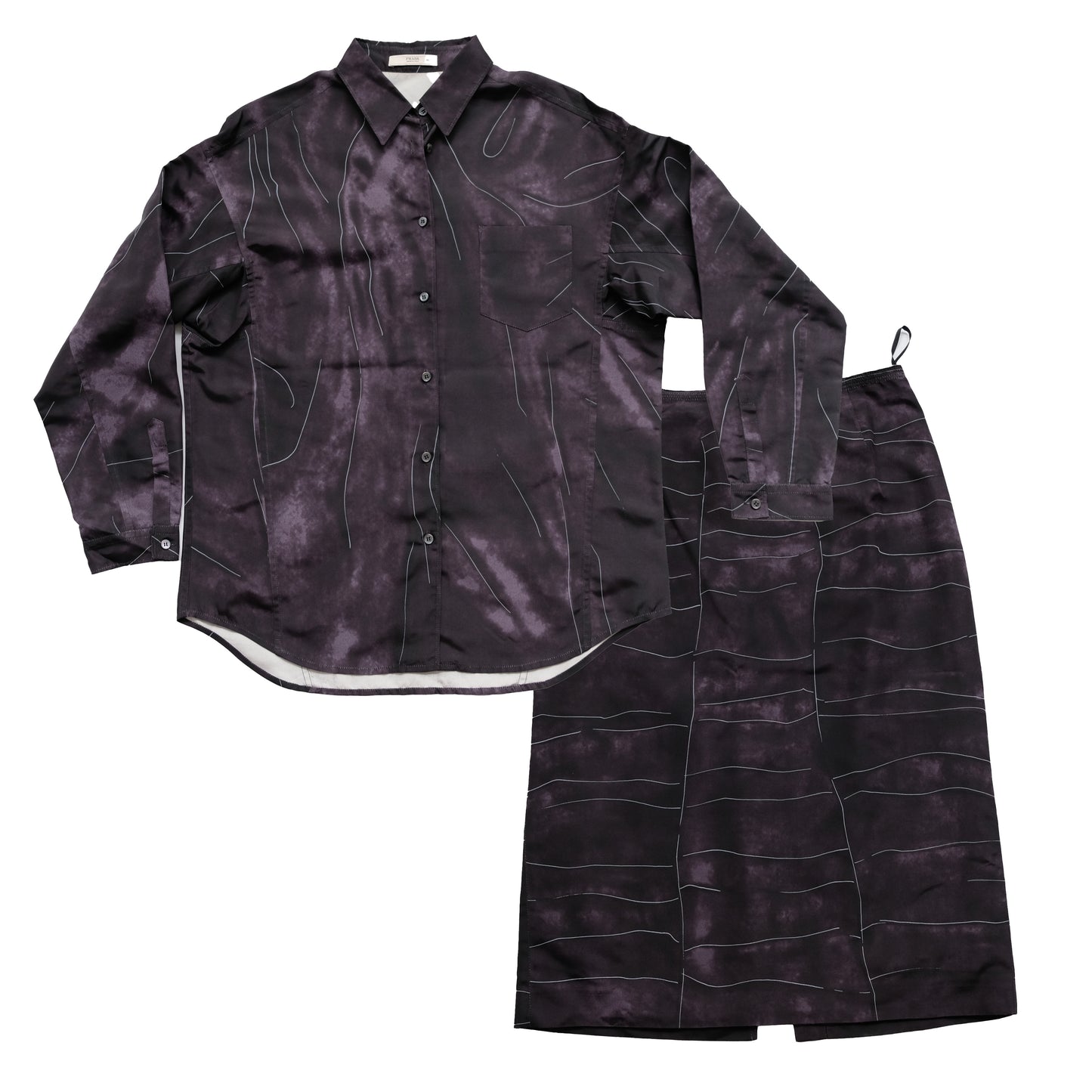 Prada Skirt & Shirt Set in Black Silk Faille with Abstract Print, UK10-14