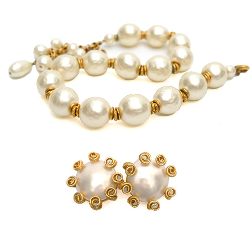 Dominique Aurientis Vintage Faux Pearl Necklace and Earrings